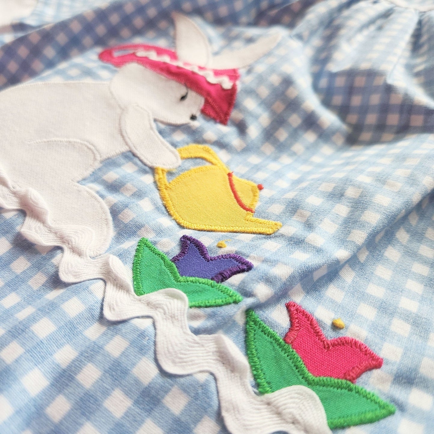 Vintage 1980s Baby Girl Dress – Blue Gingham Bunny Rabbit & Tulip Teapot Appliqué – Infant 18 Months Easter Spring Tea Party Outfit