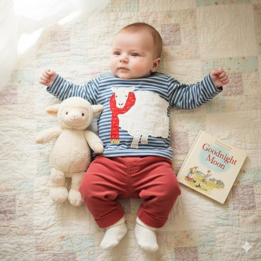 Vintage Baby Boden Infant Blue Striped Sheep in Scarf Long Sleeve Tee Size 6-12M