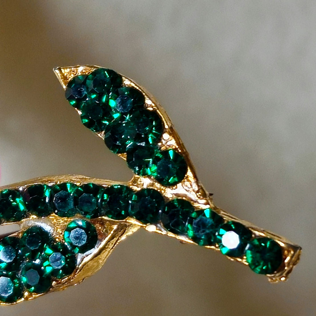 Vintage Jonette JJ Rose Brooch | 1980s Gold Tone Rhinestone Flower Pin | Emerald Green & Clear Crystal