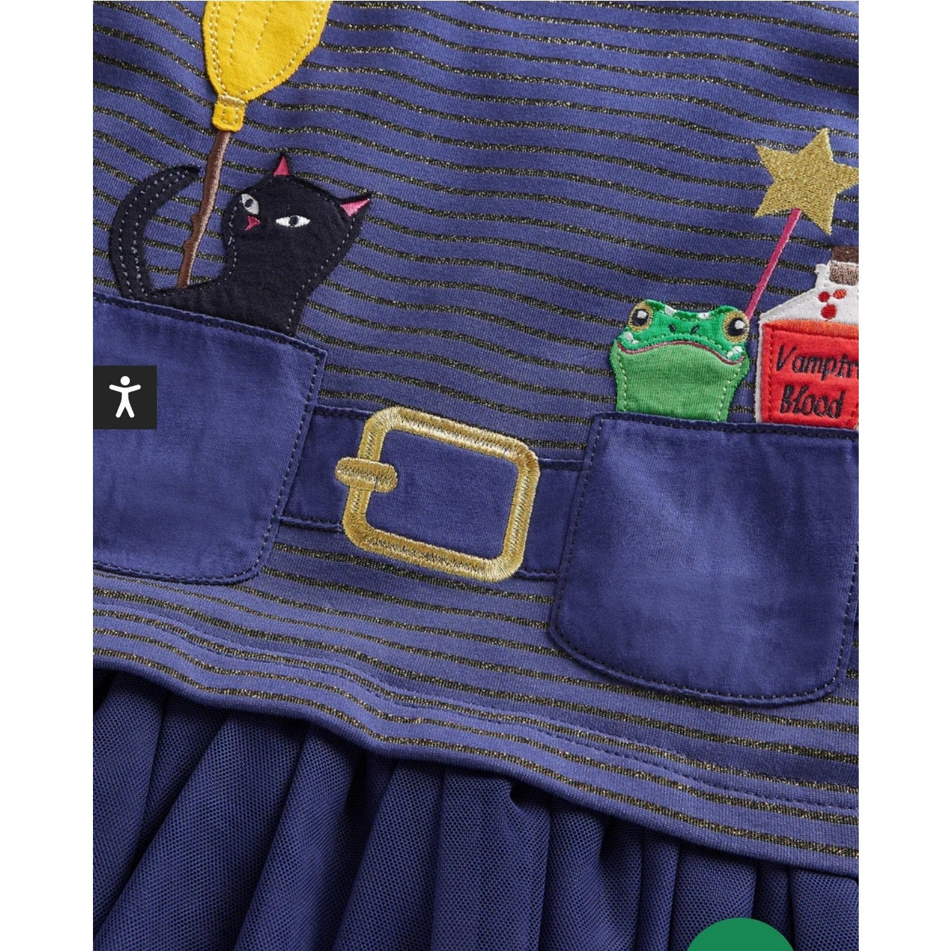 Mini Boden Girls Halloween Witch Dress Tulle Party Starboard Blue Cat Frog Vampire Blood Size 7-8Y
