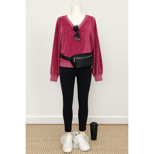 AMO for Anthropologie Pink Velour V-Neck Pullover Sweatshirt Women’s Size M