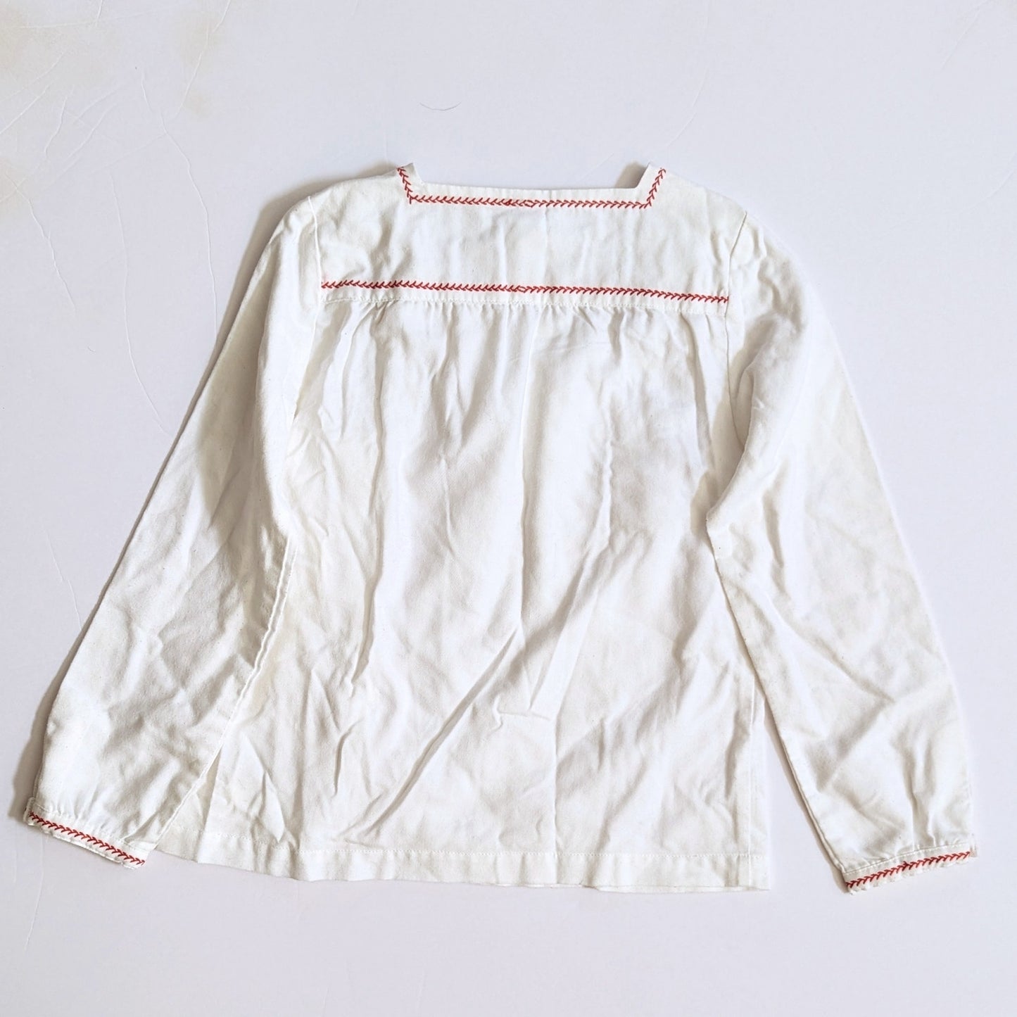 Jacadi White Flannel Long Sleeve Blouse Button Up Red Vine Trim | Girls Size 8 Y