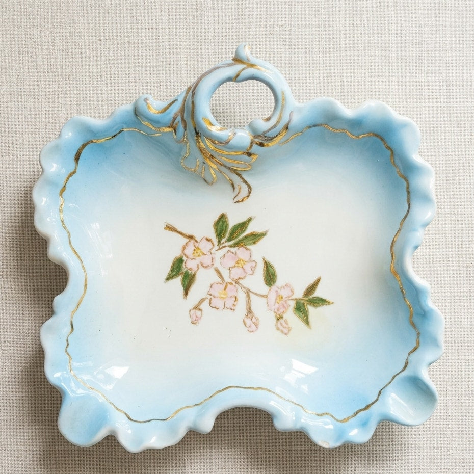 Vintage Hand-Painted Blue Cherry Blossom Trinket Dish | Signed “Lehe 1960”