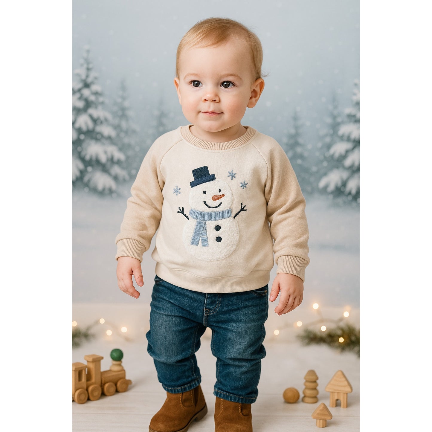 Rabbit + Bear Organic Cotton Infant Snowman Sweatshirt 12M – Cream & Beige with Textured Embroidery NWT