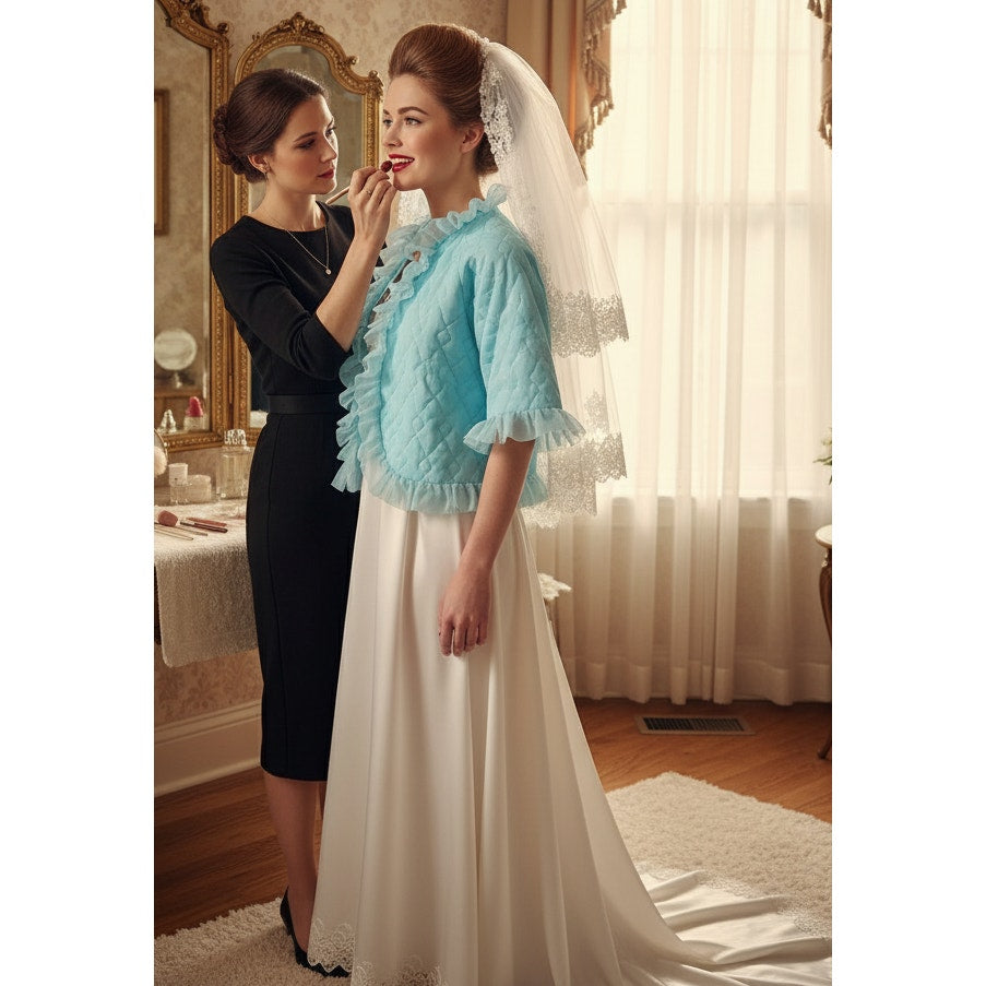 1960s Aqua Blue Quilted Nylon Bed Jacket with Ruffle Trim | Made in California | Women's M