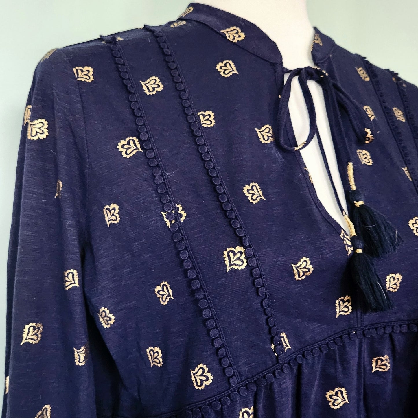 Boden Boho Women's Tassel Tie Blouse Navy Gold Print 100% Cotton Petite 10P Bohemian Top