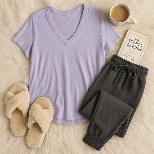Lou & Grey Purple V-Neck Lounge Tee | Soft Stretch Relaxed Fit Top | Women’s XL