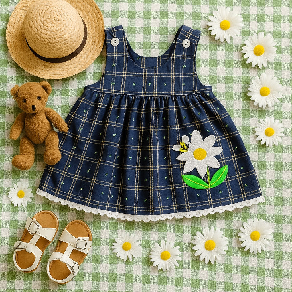 Vintage 1980s Good Lad Daisy & Bumblebee Jumper Dress | Baby Girl 18 Months | Navy Blue Plaid with Appliqué Flower & 3D Bee | Made in USA | NWT