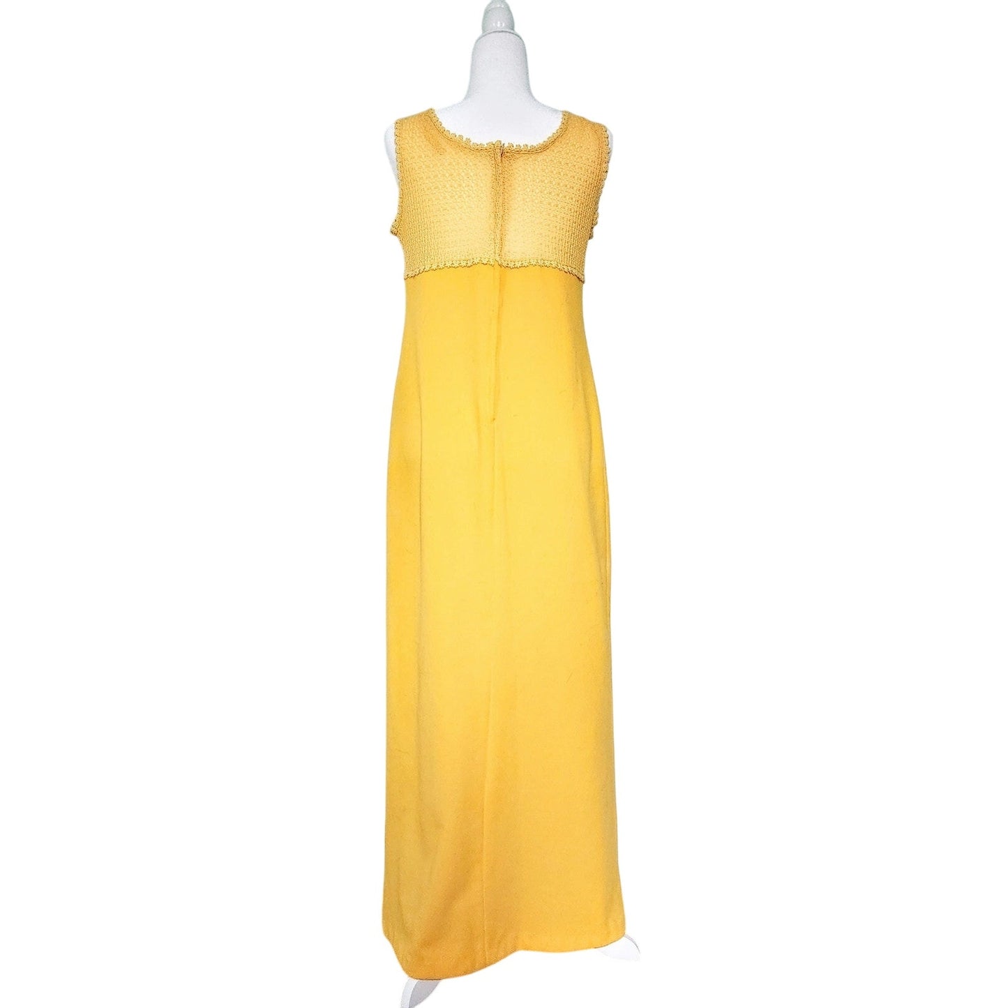 Vintage 1960s Marigold Yellow Maxi Dress | Empire Waist Lace Bodice with Daisy Trim & Bow | Boho Hippie Festival Gown | Women's Size M