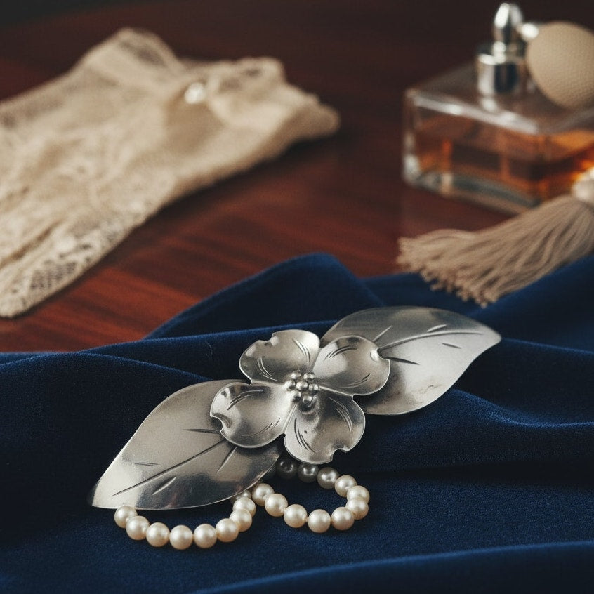 1940s Sterling Silver Dogwood Brooch | Handwrought Signed Silver Floral Pin