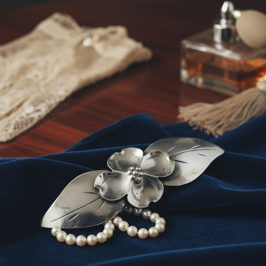 1940s Sterling Silver Dogwood Brooch | Handwrought Signed Silver Floral Pin