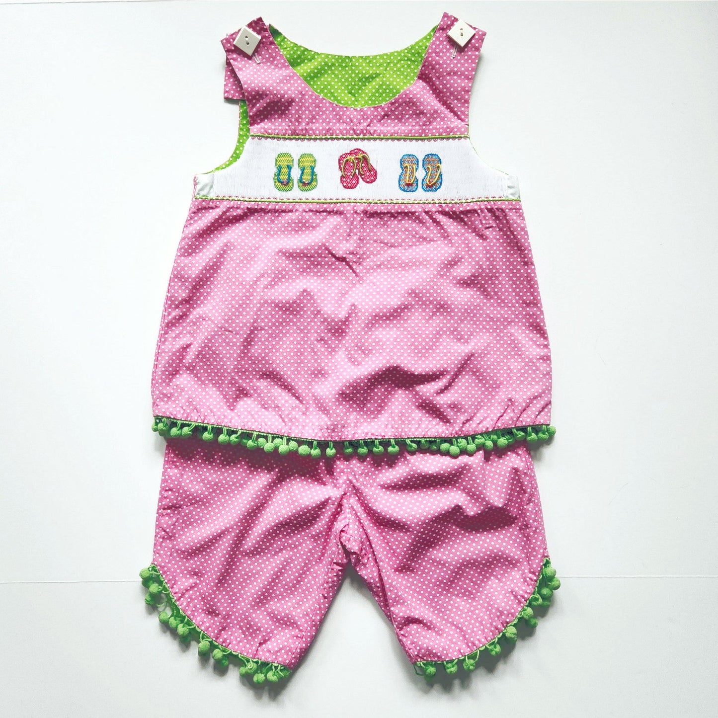 Beaux et Belles Girls 2-Piece Outfit Set | Size 6 | Boutique Smocked Top & Pedal Pushers | Pink Polka Dot with Flip Flop Embroidery
