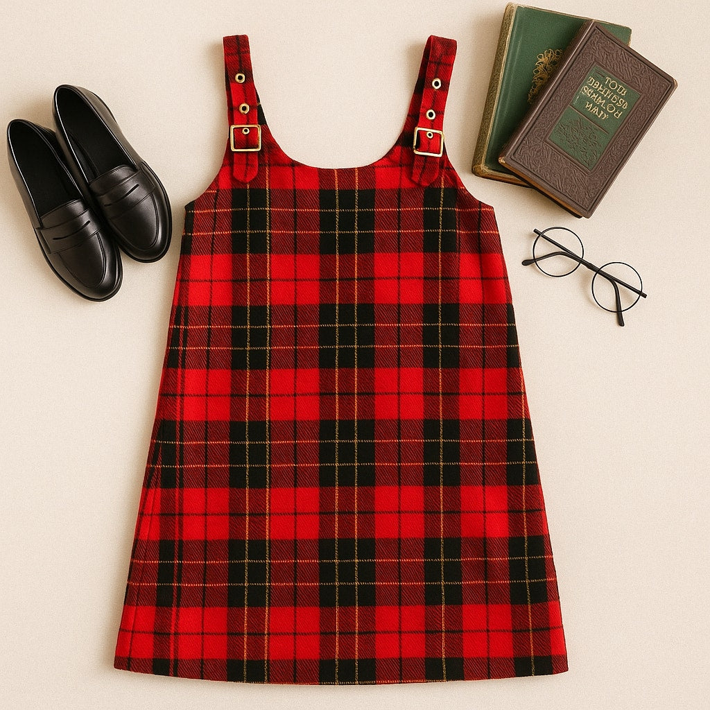 Vintage Talbots Kids Red Plaid Wool Jumper Dress Size 12 | 1990s Girls Wool Blend Shift Dress with Adjustable Straps | Preppy Holiday Outfit