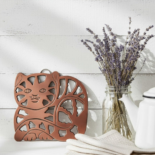 1995 Copper Cat Trivet with Cast Iron Backing and Wall Hanger