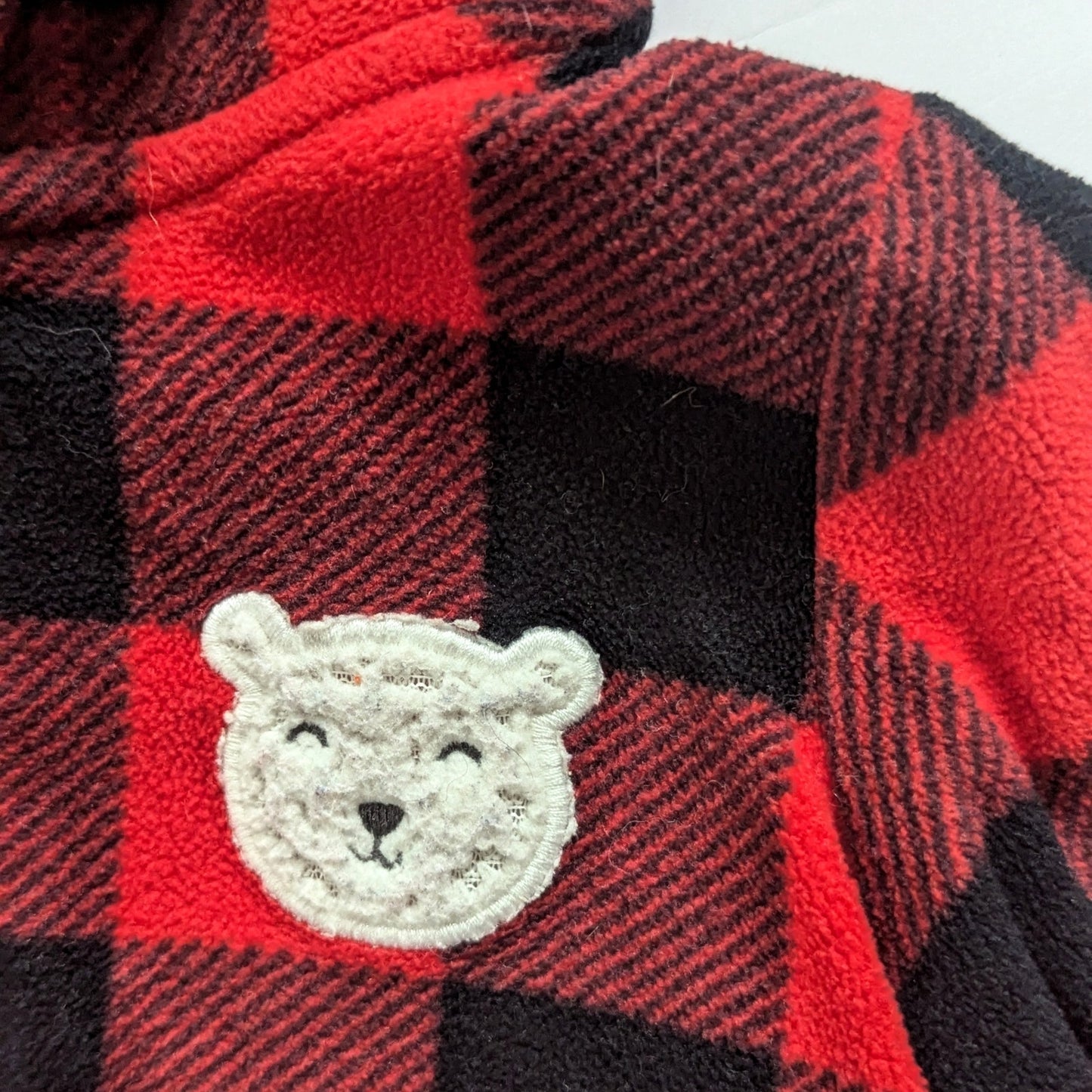 Red Buffalo Plaid Fleece Hooded Jumpsuit | Size 24M | Sherpa Lined Teddy Bear Patch