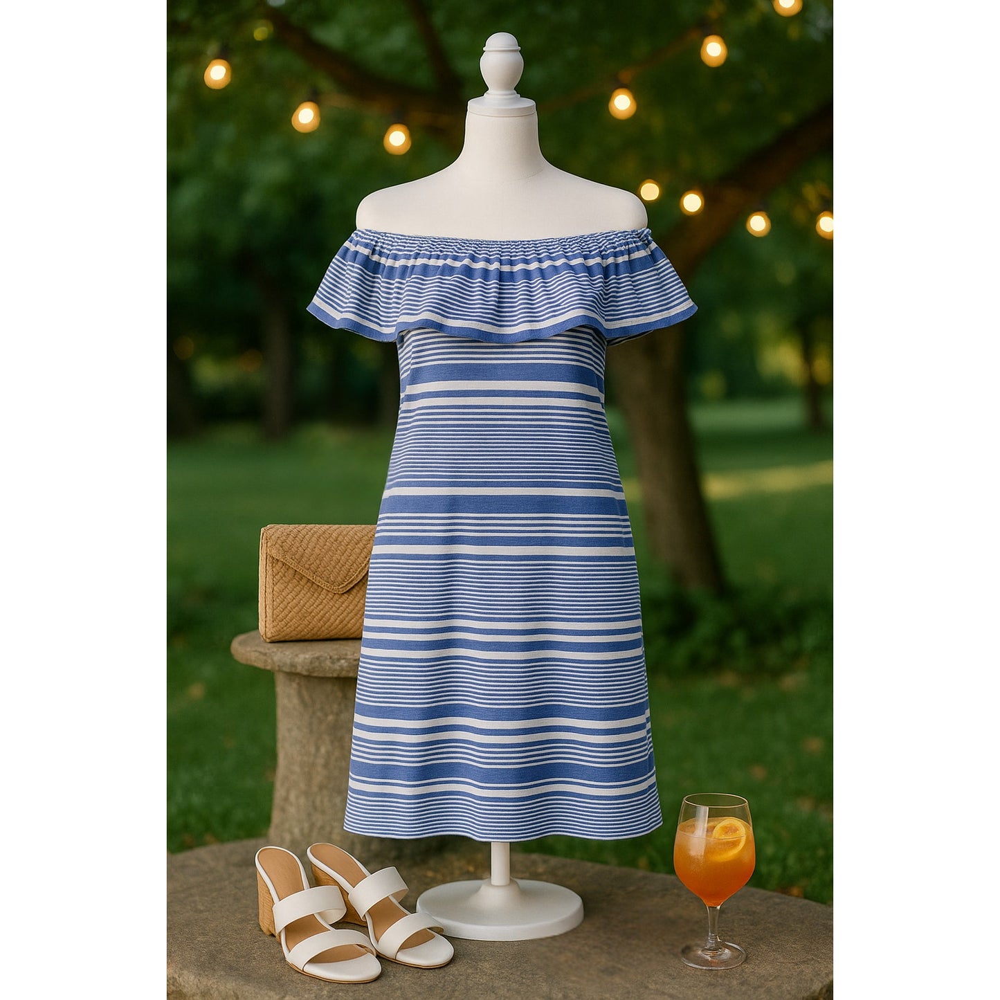Vineyard Vines Blue White Striped Off Shoulder Ruffle Dress Women's Size XS