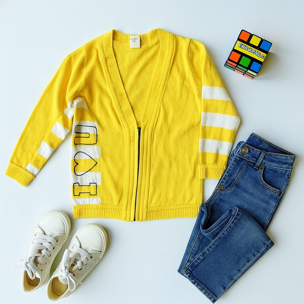 Vintage Carter’s 1980s Kids Sweater | Size 4 / 4T | Yellow & White Striped Zip Cardigan | “I ❤️ You” Sleeve | Made in USA