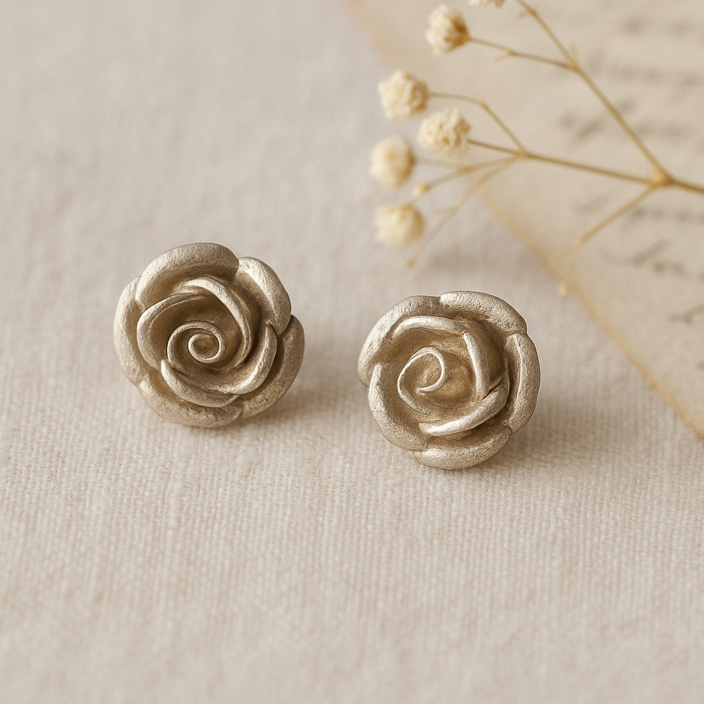 Mid-Century Sterling Silver Rose Stud Earrings – Petite Floral Posts, Tested Sterling