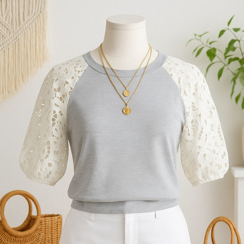 Anthropologie / Dolan Left Coast Collection Lace Sleeve Gray & White Sweatshirt Women's Size XS