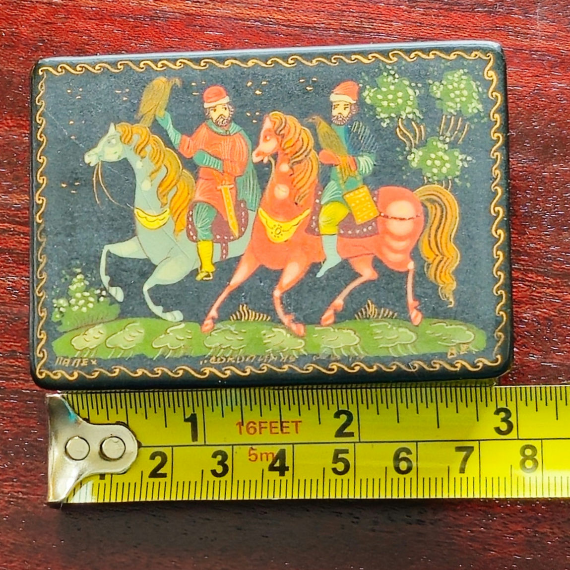 Vintage Russian Signed Palekh Lacquer Box Hand Painted Folk Scene
