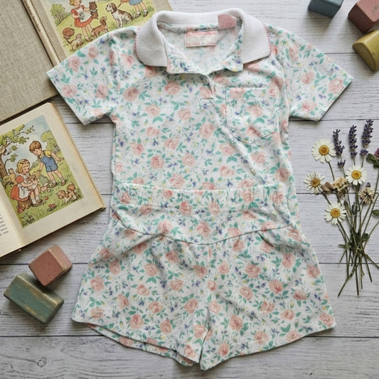 Vintage 1990s Girls Floral Outfit | Pink Rose Garden Shirt & Shorts Set | Size 5