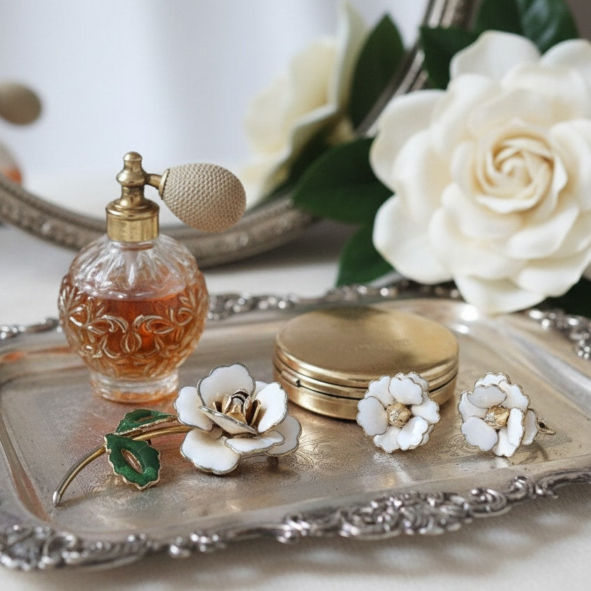 Mid-Century White Enamel Gardenia Flower Brooch & Clip-On Earrings Set