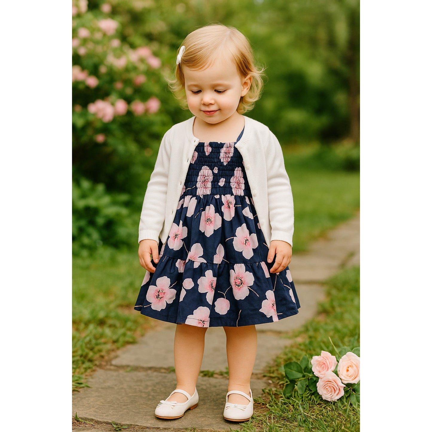 Janie and Jack Hannah Floral Smocked Sundress | Merchant Marine Navy Pink Floral | Toddler Girls Size 2T