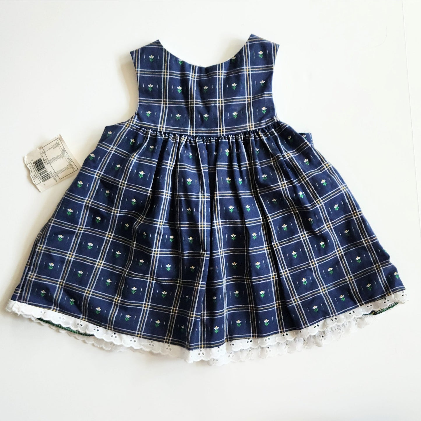 Vintage 1980s Good Lad Daisy & Bumblebee Jumper Dress | Baby Girl 18 Months | Navy Blue Plaid with Appliqué Flower & 3D Bee | Made in USA | NWT