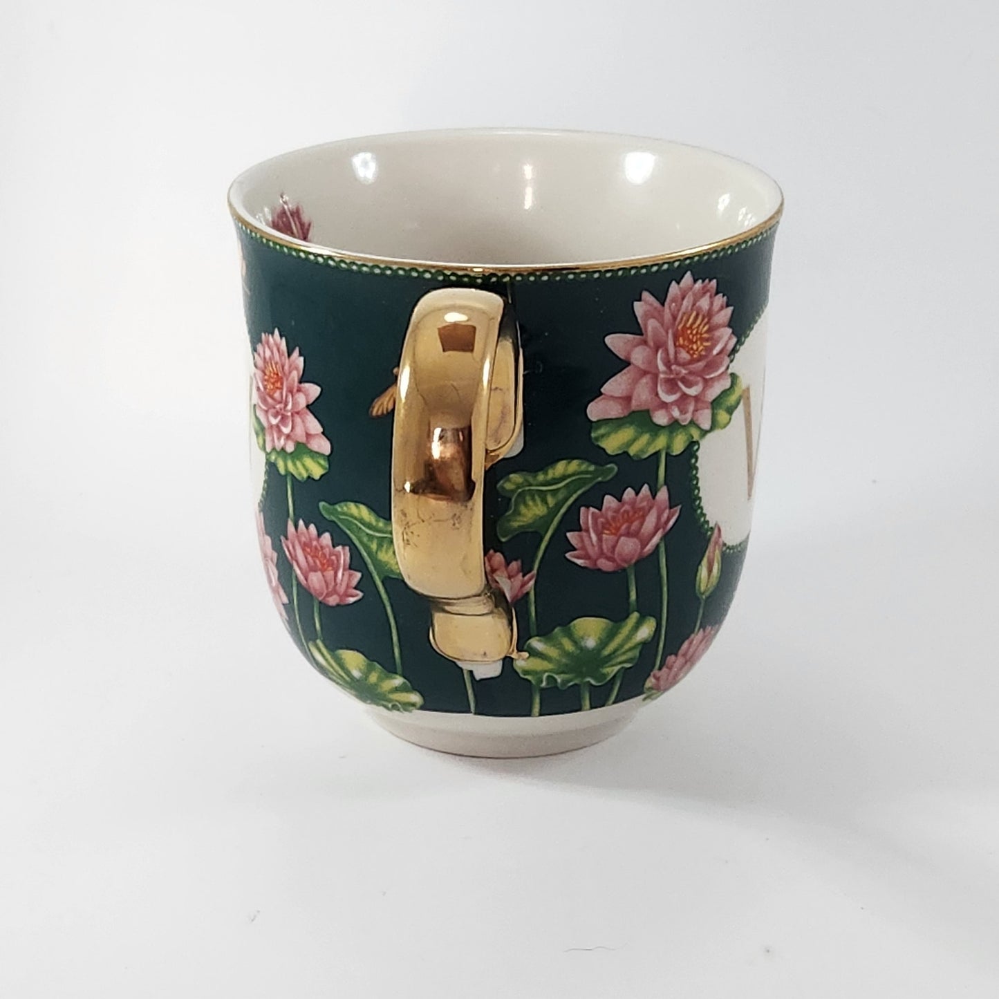 Anthropologie Lou Rota Monogram Mug “W” Green Floral Lotus Design w/ Gold Handle | Home