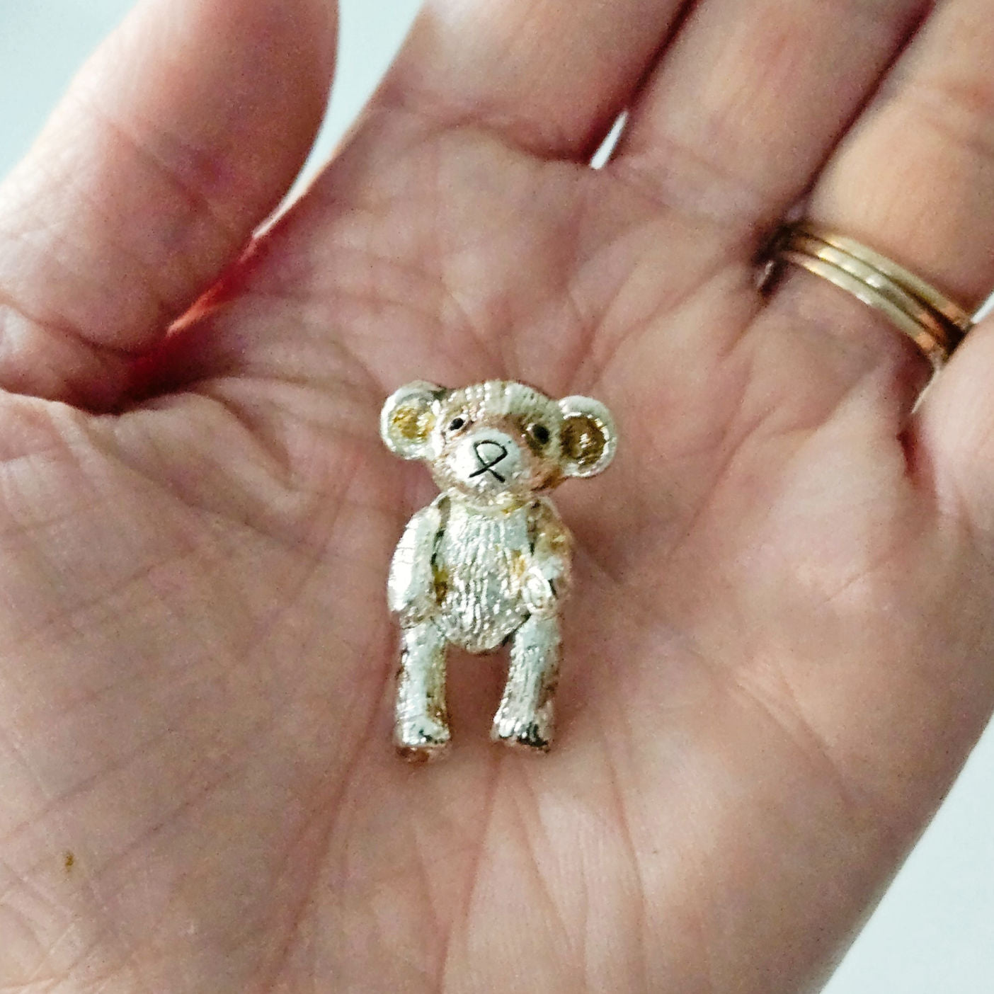 Vintage Teddy Bear Lapel Pin | 1980s/90s Metallic Gold Tone Articulated