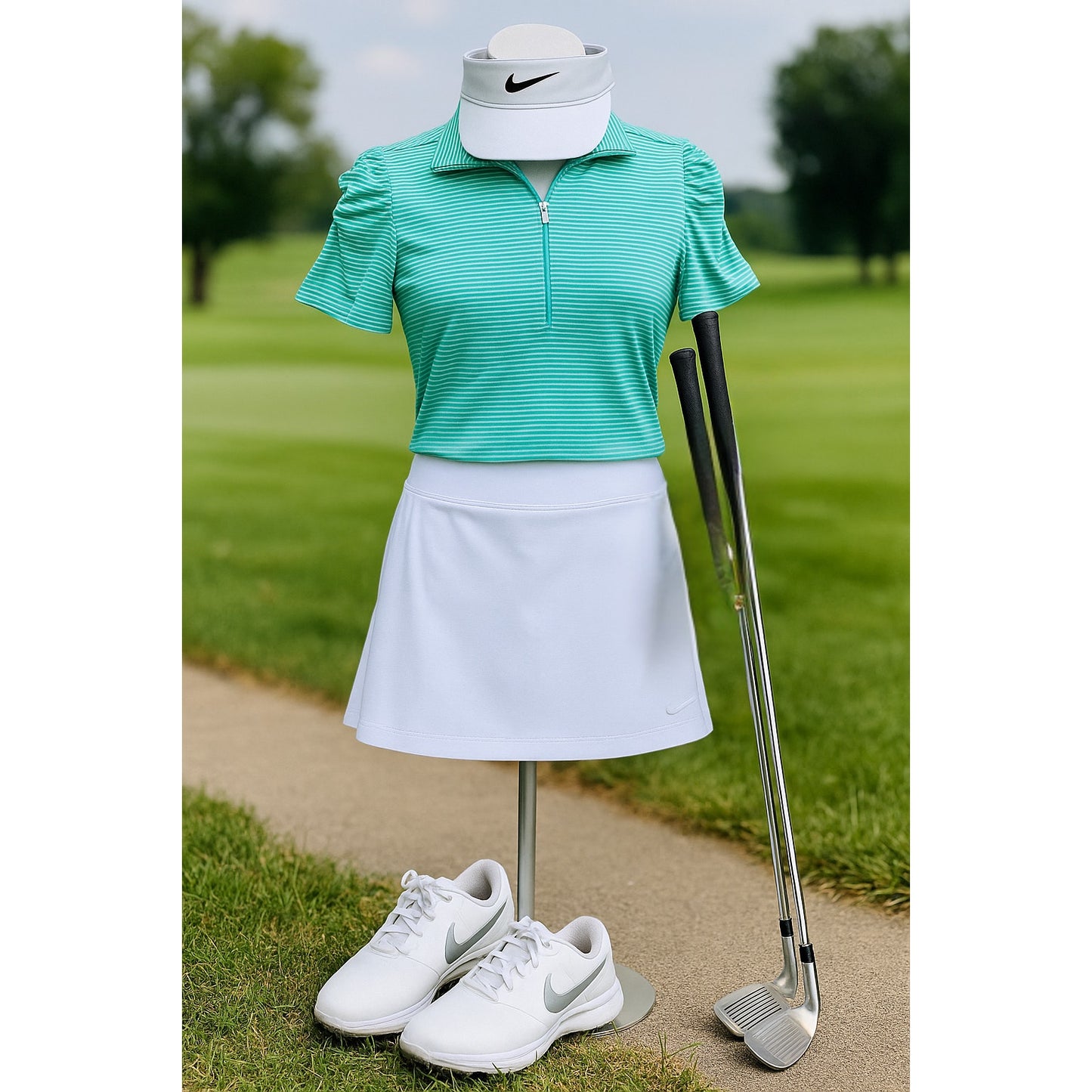 Nike Golf Tour Performance Dri-FIT Striped Shirt Green White | Women's Size M