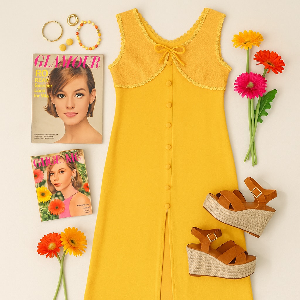 Vintage 1960s Marigold Yellow Maxi Dress | Empire Waist Lace Bodice with Daisy Trim & Bow | Boho Hippie Festival Gown | Women's Size M