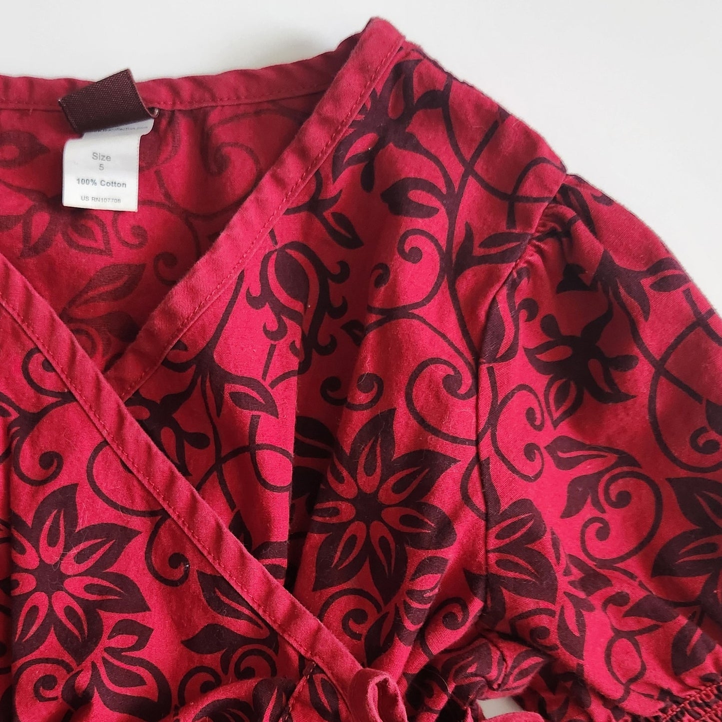 Red Floral Scroll Wrap Dress | Long Bell Sleeves | Girls Size 5