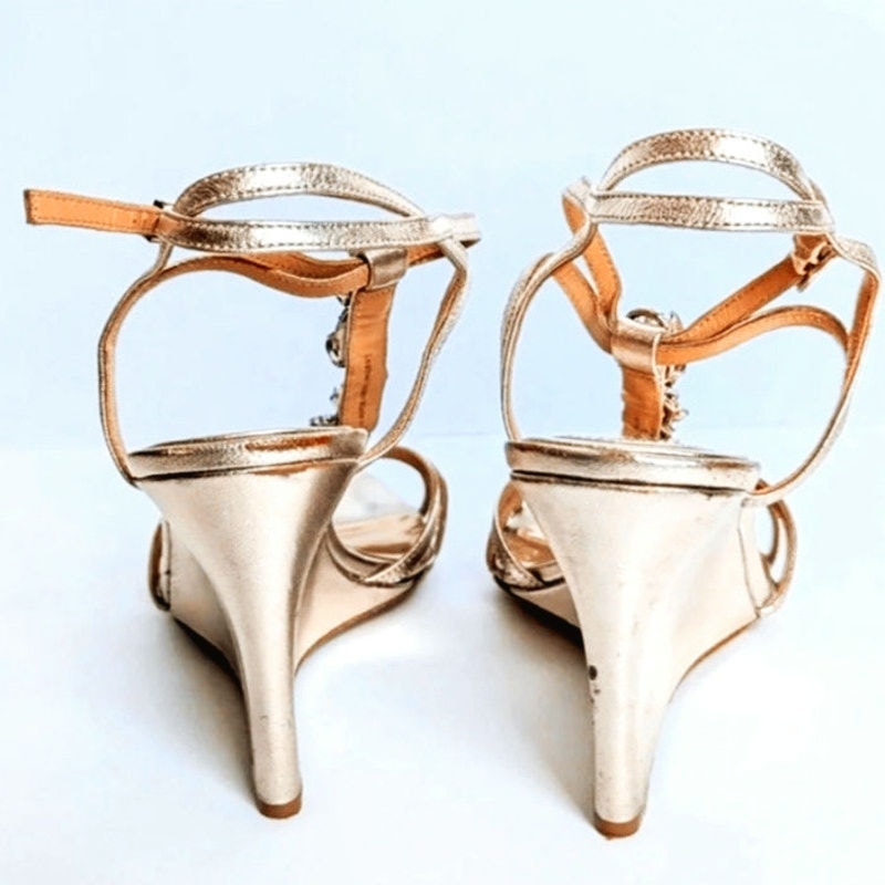 Badgley Mischka Kole T-Strap Jewel Embellished Wedge Sandals Gold Metallic | Women's Size 8.5
