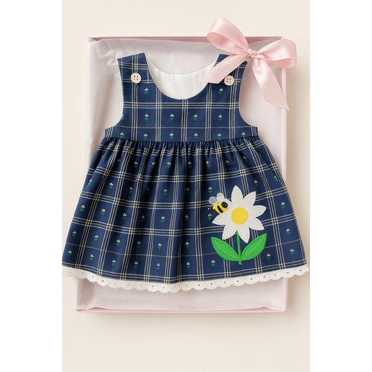 Vintage 1980s Good Lad Daisy & Bumblebee Jumper Dress | Baby Girl 18 Months | Navy Blue Plaid with Appliqué Flower & 3D Bee | Made in USA | NWT