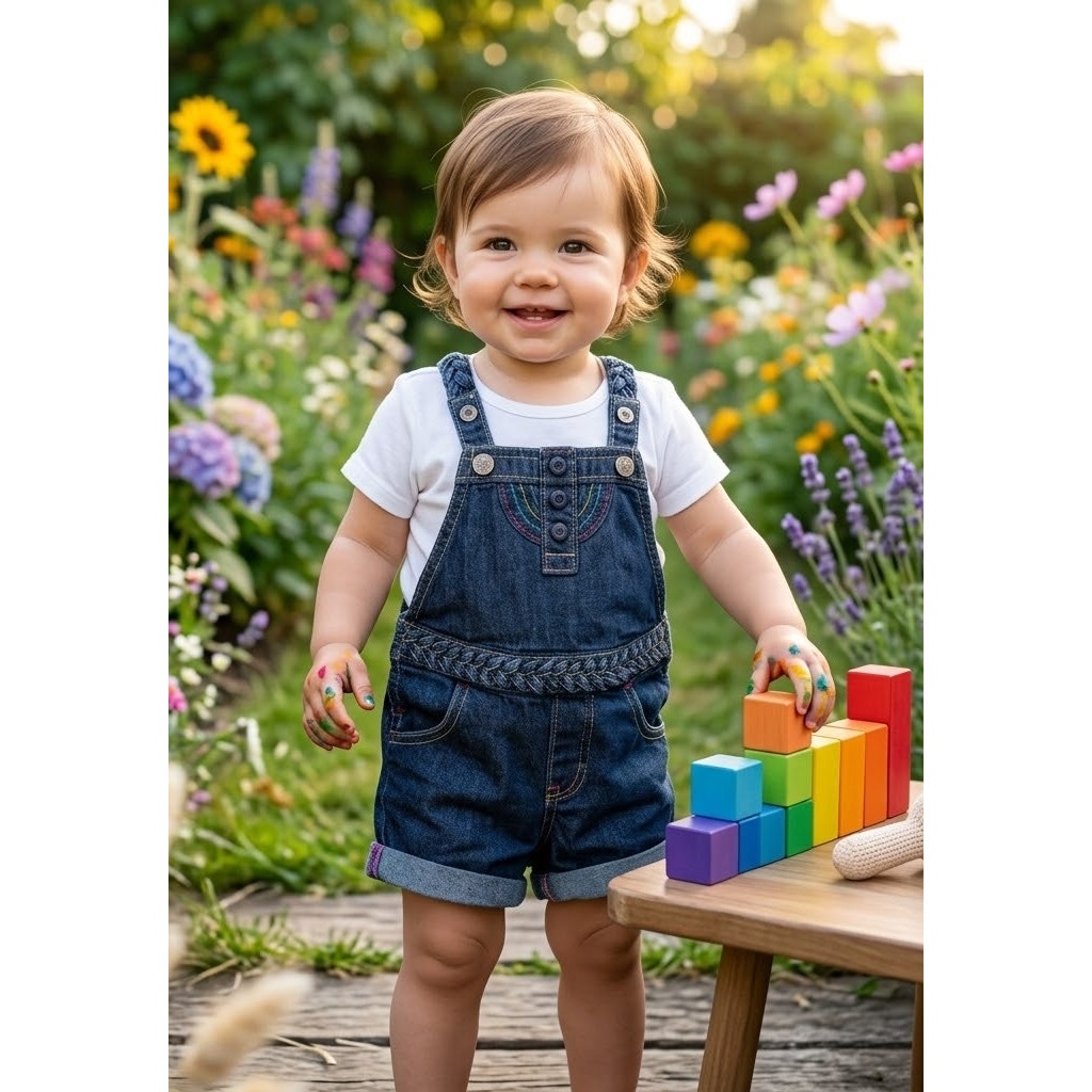 OshKosh B’gosh Rainbow Vestbak Denim Jean Boho Shortalls | Unisex Baby 12 Months