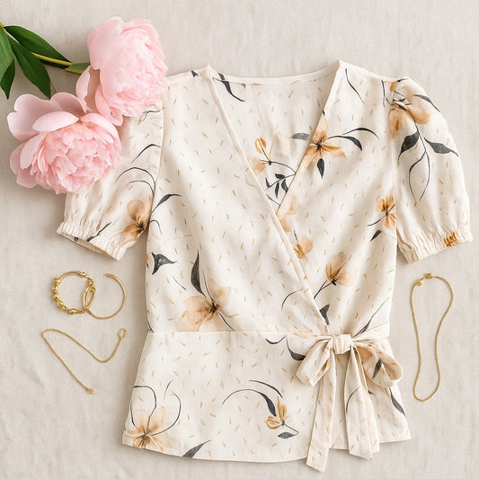 🌸 Elegant Harvé Benard Petite Blouse – White Floral with Gold Metallic Specks – Women's Size PL