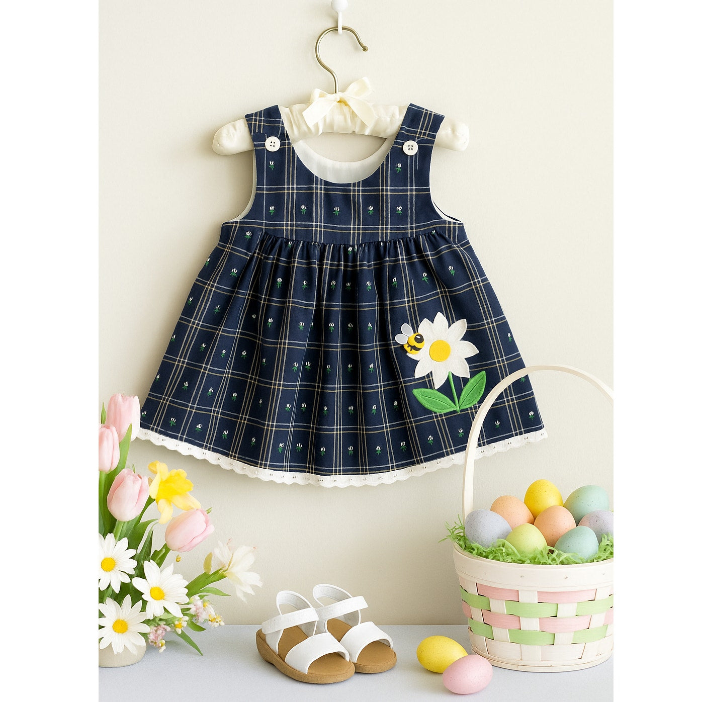 Vintage 1980s Good Lad Plaid Toddler Dress with Daisy & Bee Appliqué – NWT Baby Girls 18M