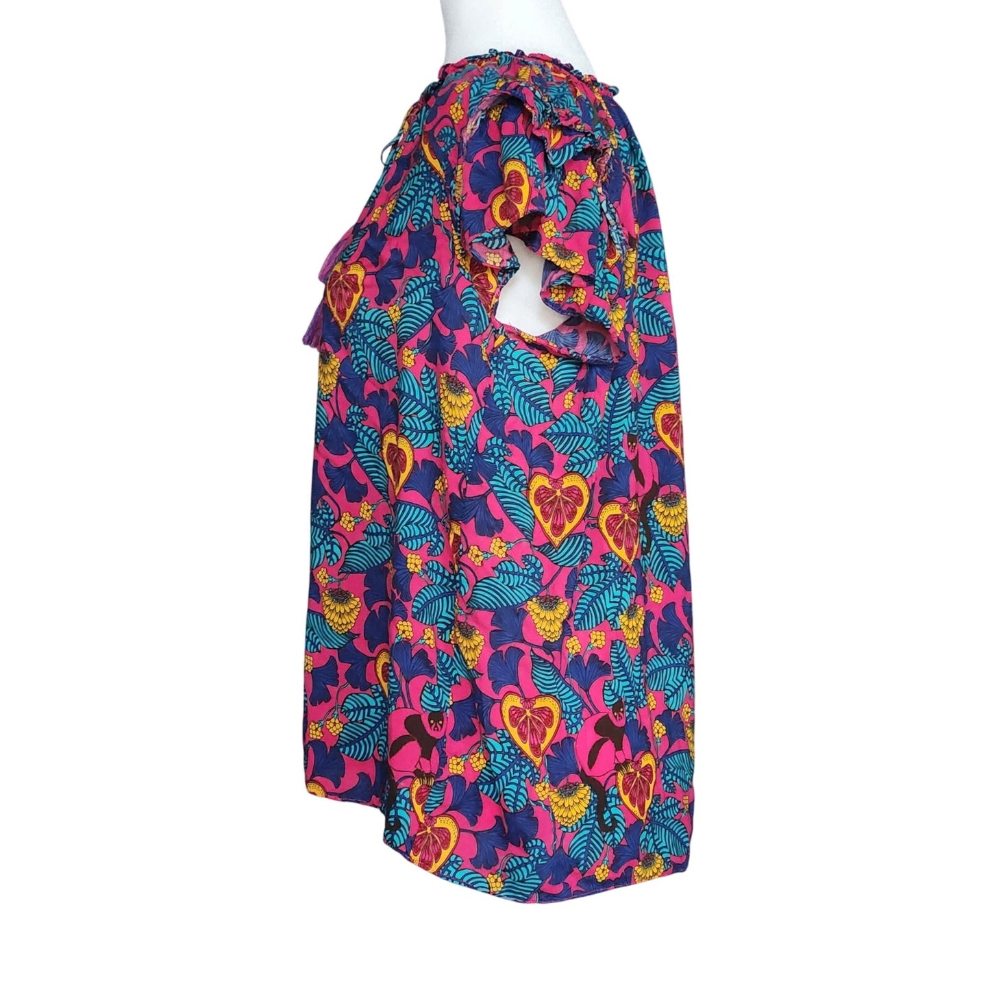 Rose + Olive Tropical Monkey Print Boho Tassel Flutter Sleeve Blouse Size L