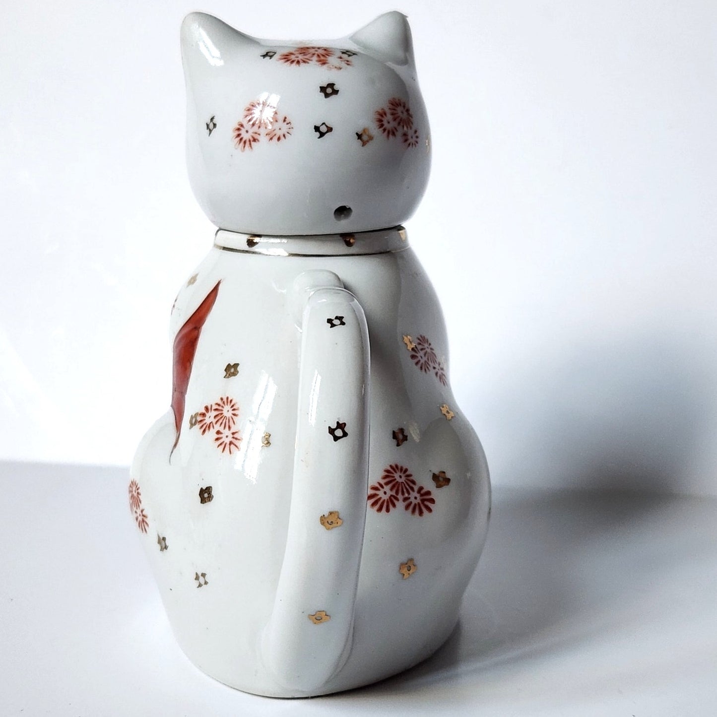 Vintage Cat & Koi Porcelain Teapot • Hand-Painted Lid/Spout • Metallic Gold