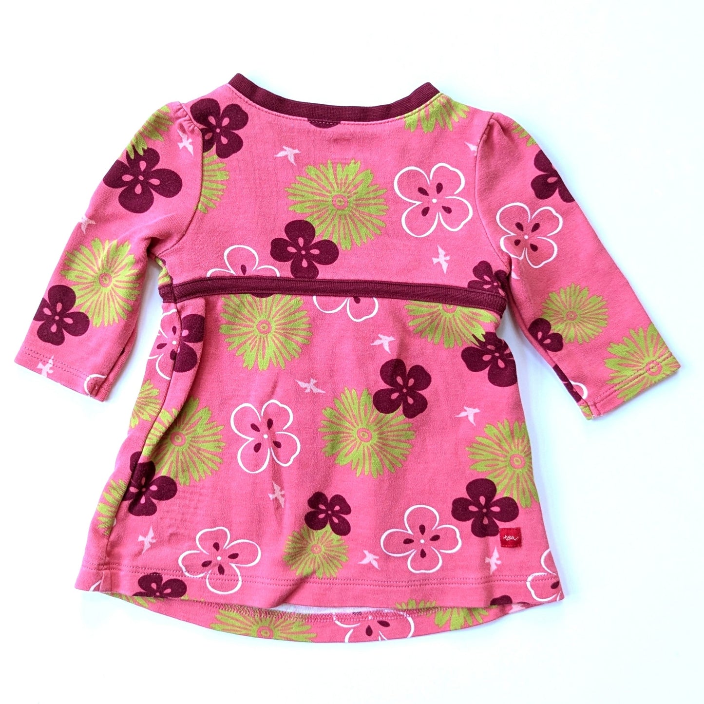 Tea Collection	Pink & Green Floral Bird Wrap Dress Infant Sz XS 3-6 mos EUC