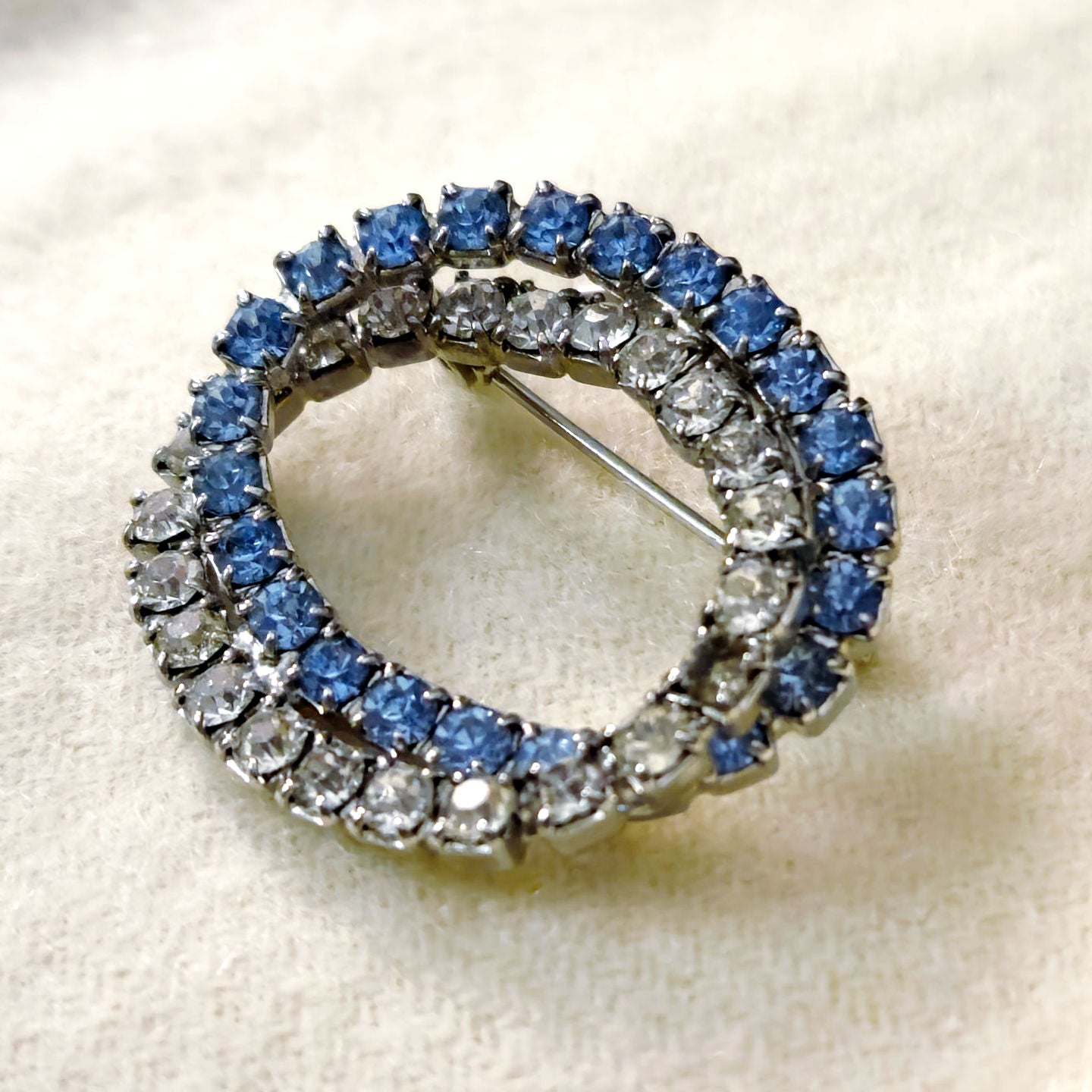 Vintage Sapphire Blue and Diamond Rhinestone Circle Brooch | Mid Century Double Row Wreath Pin