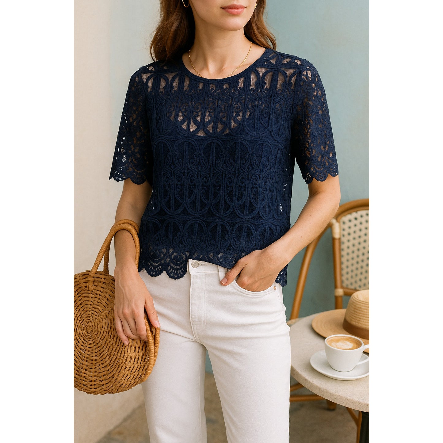 Anthropologie En Elle Marka Lace Scallop Hem Navy Blue Blouse | Women's 10 NWT