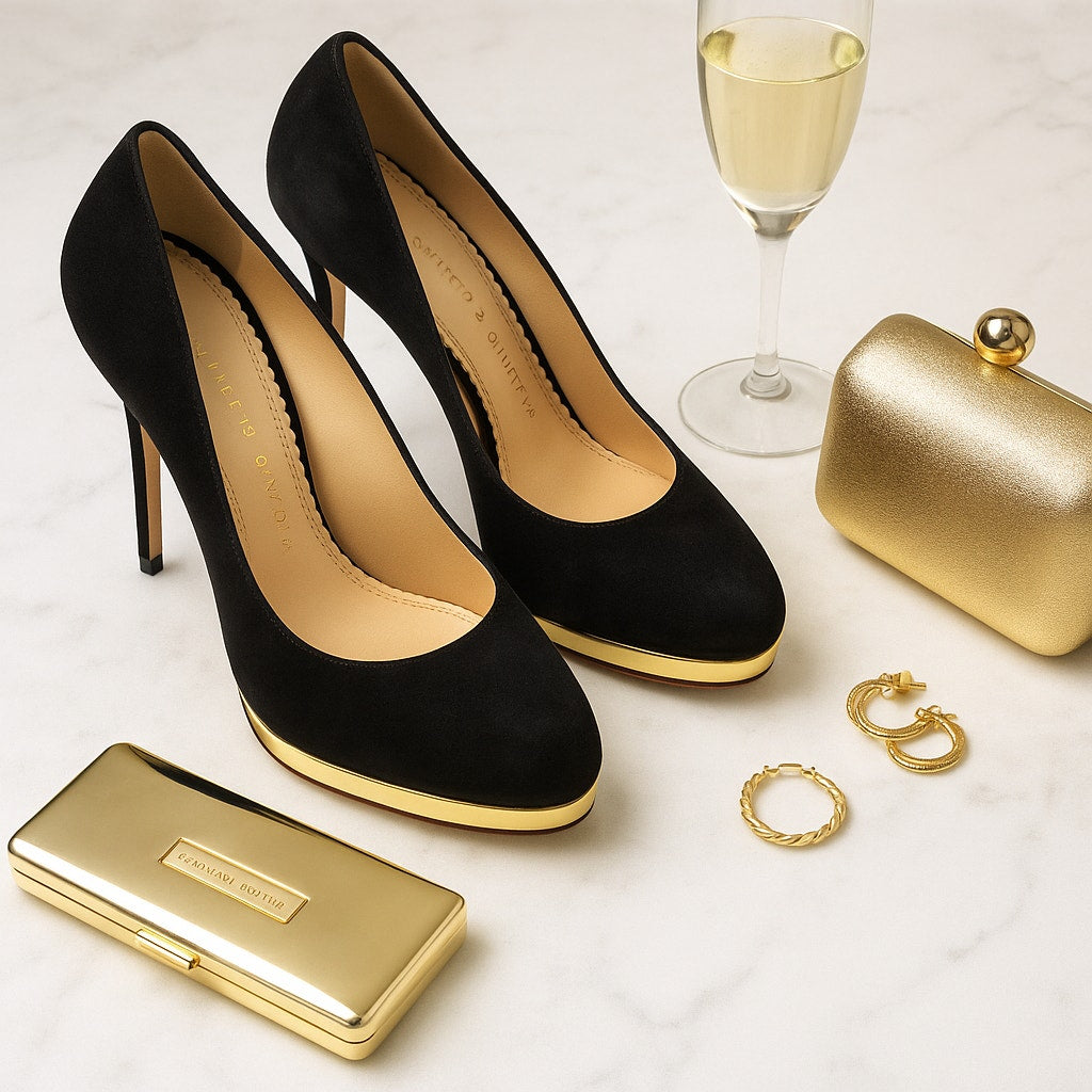 Charlotte Olympia Black Suede & Gold Debbie Pumps Women's 39 / 8.5