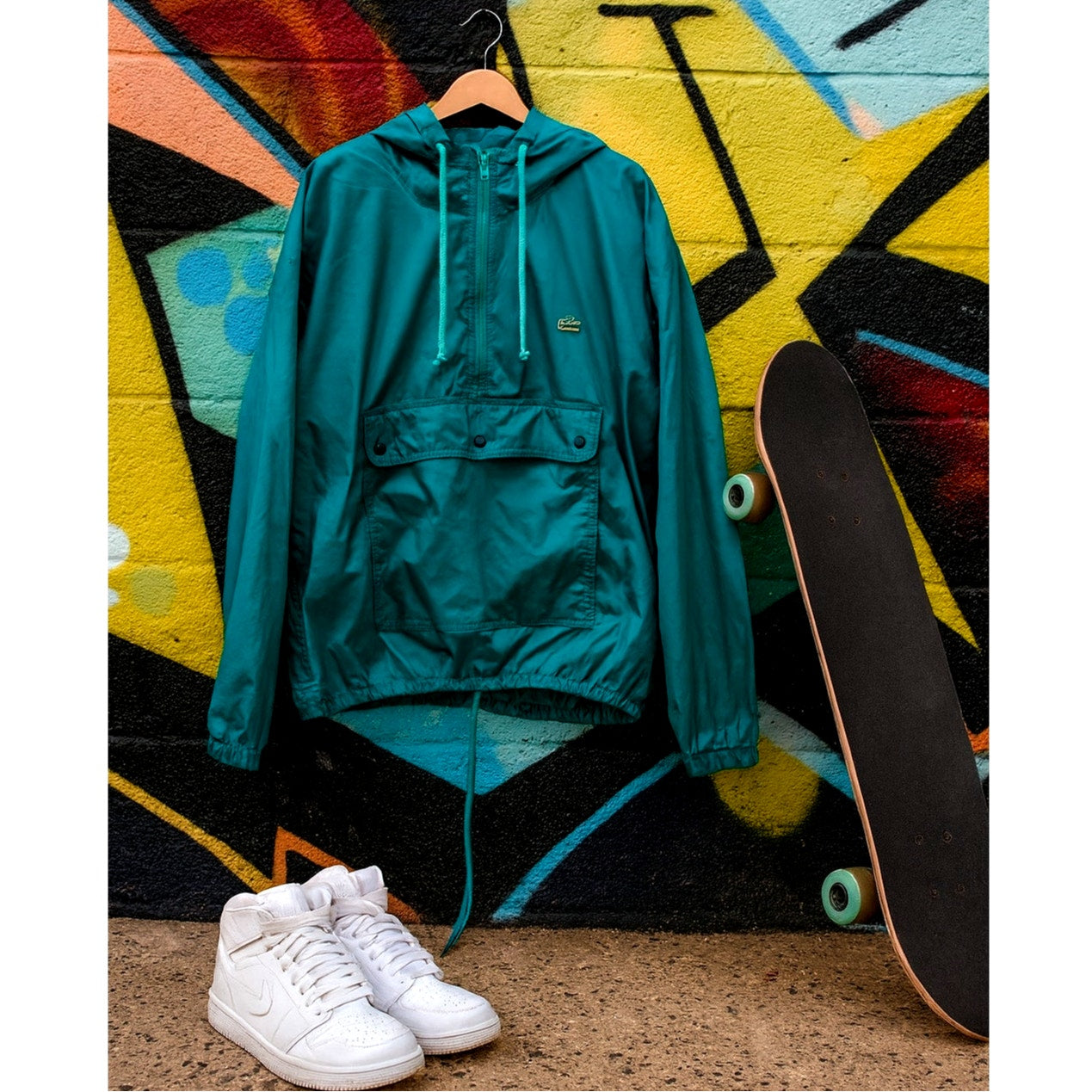 Vintage 80s Lacoste Teal Windbreaker Jacket | Size Large | Retro Nylon Pullover Hoodie