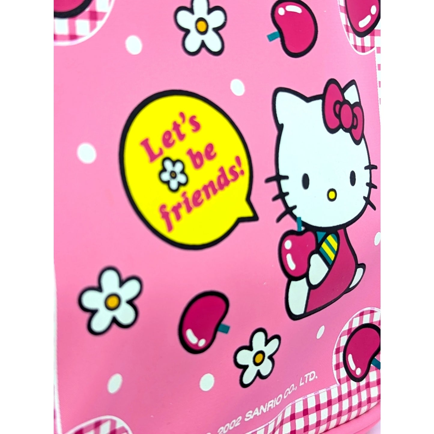 Vintage 2002 Kids Sanrio Hello Kitty Pink Bag – Cherries Daisies Gingham Print – "Let’s Be Friends" – Kawaii Collectible Tote – NWT