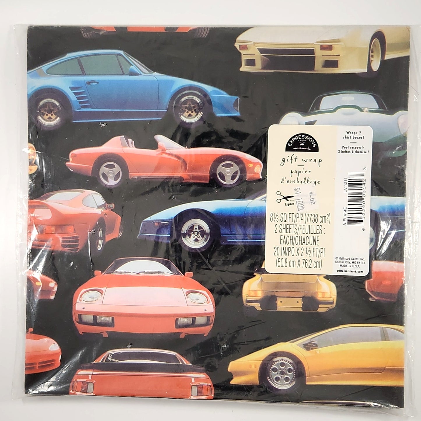 Vintage Hallmark Gift Wrap – Sports Cars Wrapping Paper – 2 Sheets, 1980s Expressions by Hallmark – Classic Car Gift Wrap – Retro Auto Party Supplies