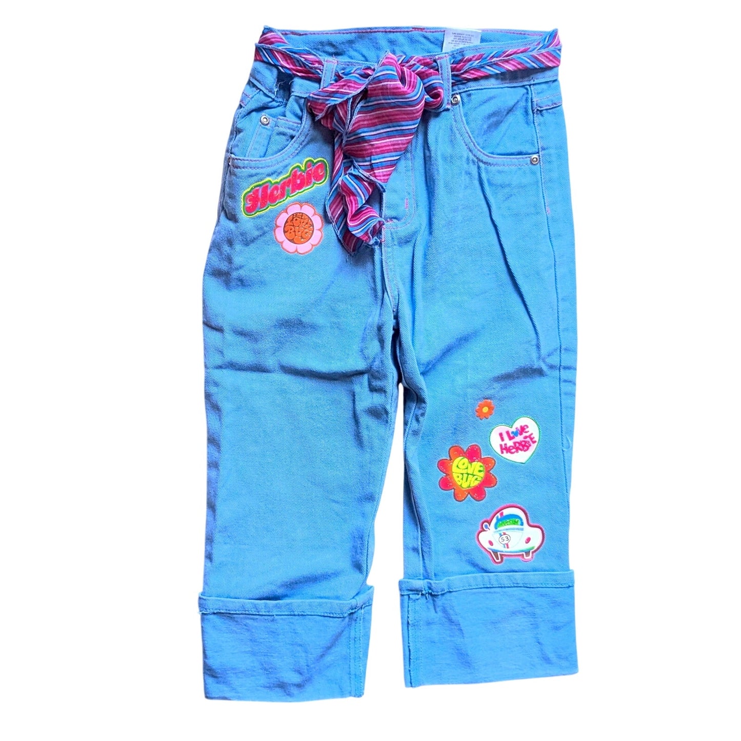Vintage 2005 Disney Herbie Fully Loaded Pants | Girls 7/8 | Blue Cuffed Love Bug Flower Power Scarf Belt