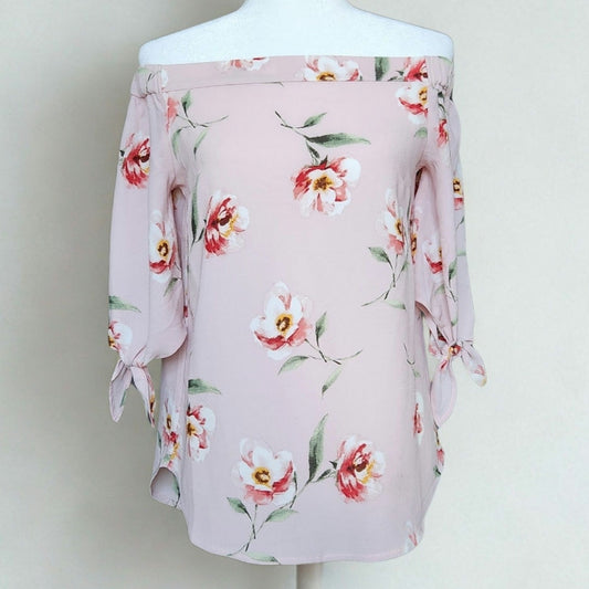 Monteau NWT Women's Off Shoulder Blush Pink Floral Tie Sleeve Blouse | Size M