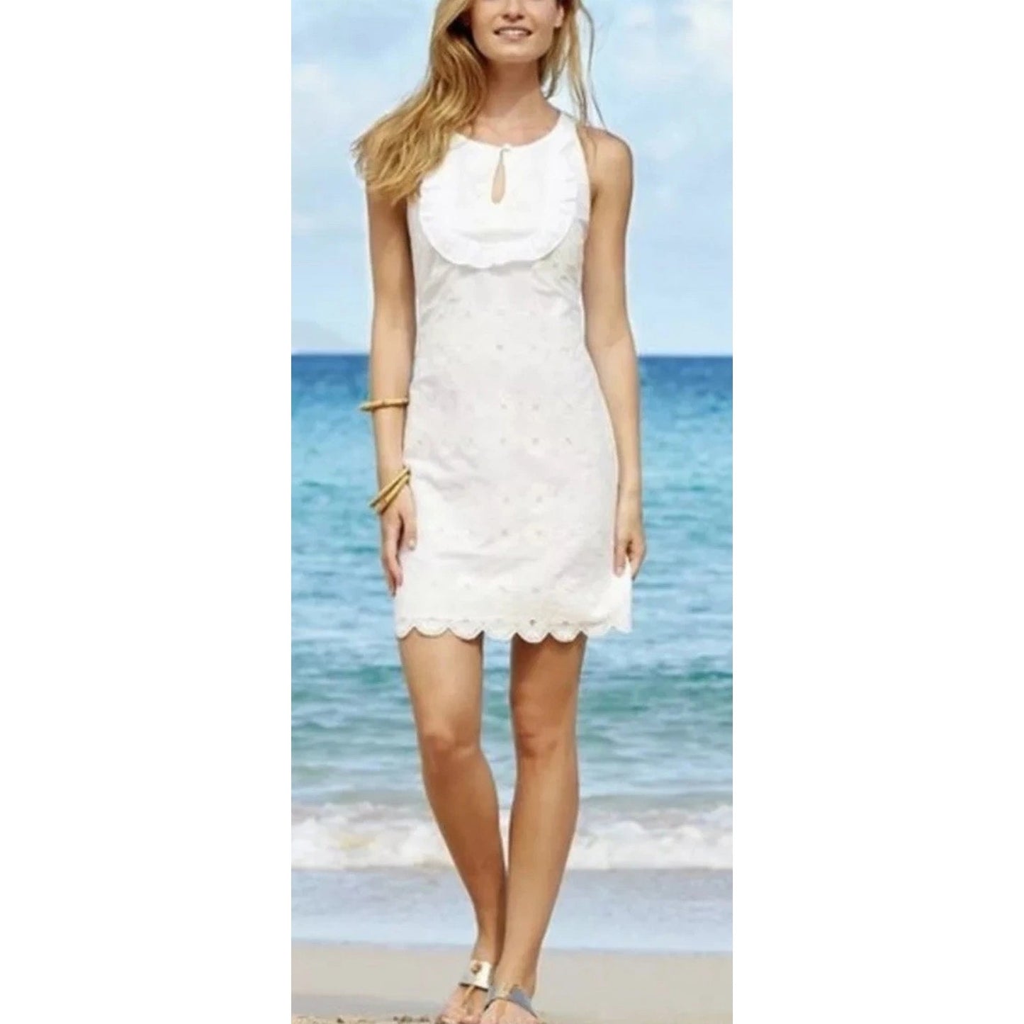 Vineyard Vines White Eyelet Cotton Shift Dress Women’s Size 4 Ruffled Bib Scalloped Hem